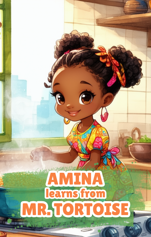 Children's book cover Amina learns from Mr Tortoise